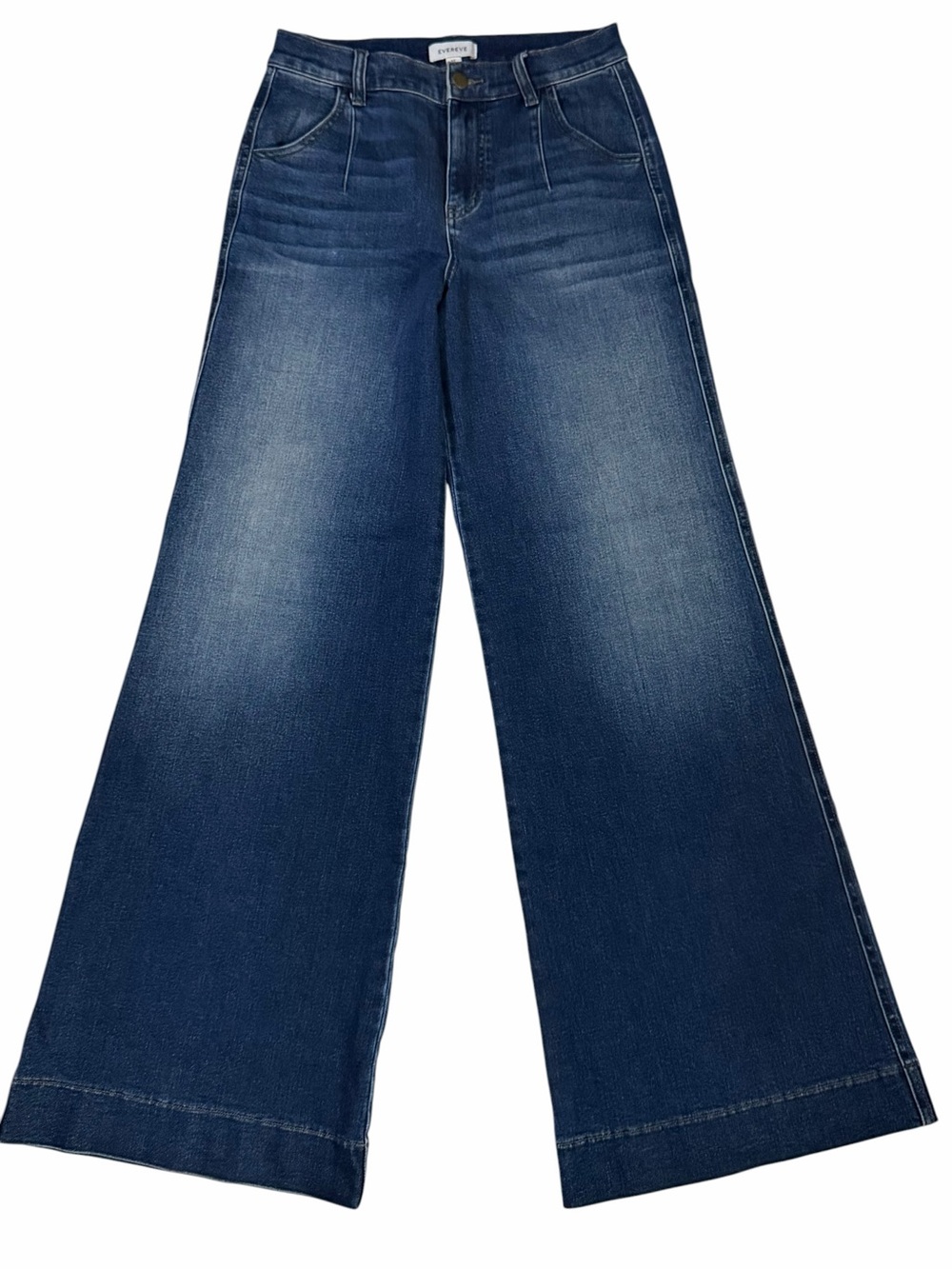 Evereve Size 27 Dark Blue Wide Leg Flare Jeans Stretch Denim Quiet Luxury